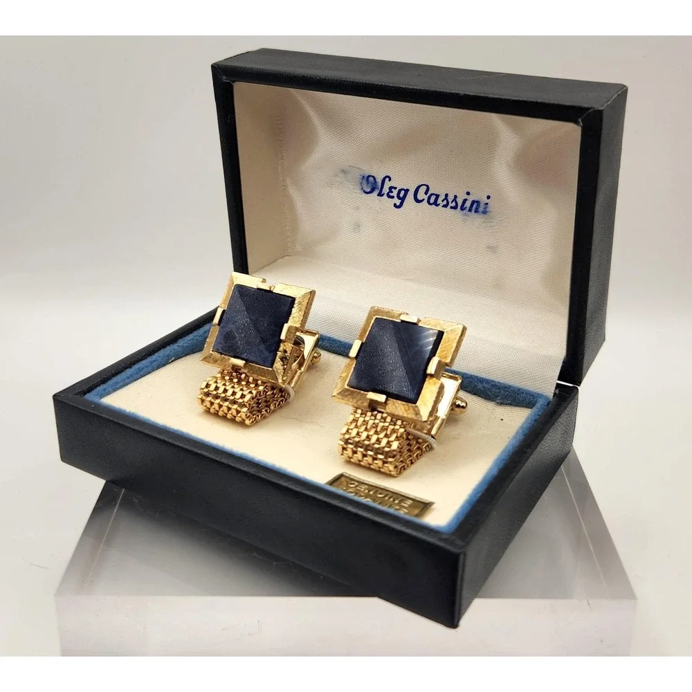 Vintage Oleg Cassini Sodalite Cufflinks Gold Tone Mesh Designer Original Box